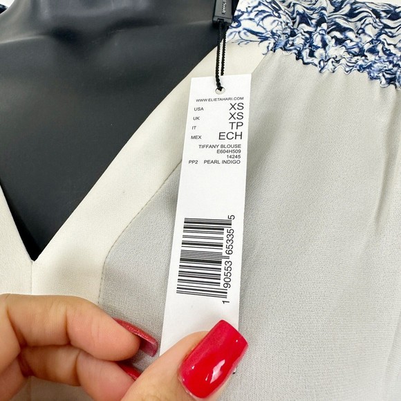 Elie Tahari Tiffany Silk Floral-Print Pearl Indigo V-Neck Short-Sleeve Blouse - Picture 8 of 15